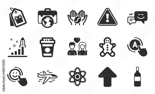 Gingerbread man, Coupons and Happy emotion icons simple set. Ab testing, Coffee and Businessman case signs. Development plan, Smile and Airplane symbols. Flat icons set. Vector