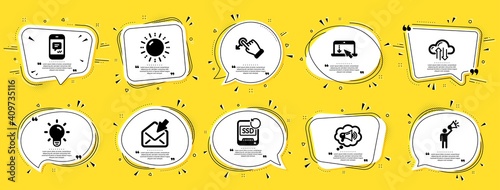 Technology icons set. Speech bubble offer banners. Yellow coupon badge. Included icon as Light bulb, Brand ambassador, Recovery ssd signs. Megaphone, Cloud sync, Scroll down symbols. Vector