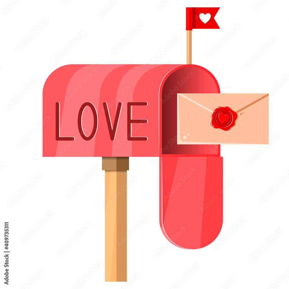 Post box with a letter. Beautiful image of a mailbox with the inscription love with a letter inside. Happy Valentines Day. Vector illustration for websites, reviews and prints. Post box with a letter. Beautiful image of a mailbox with the inscription love with a letter inside. Happy Valentines Day. Vector illustration for websites, reviews and prints.