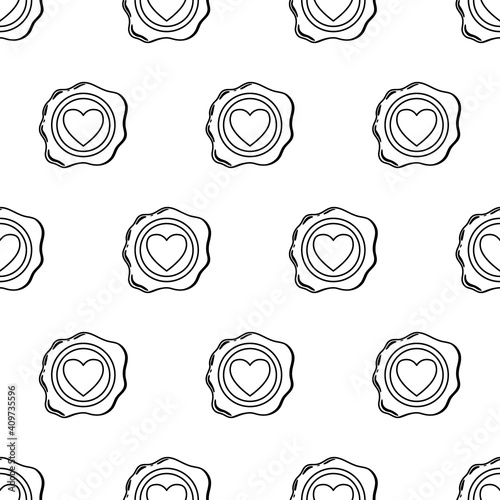 Wax seal seamless pattern line. A beautiful depiction of a heart embossed on wax for letters with a love message. Happy Valentines Day. Vector illustration for websites, reviews and prints.