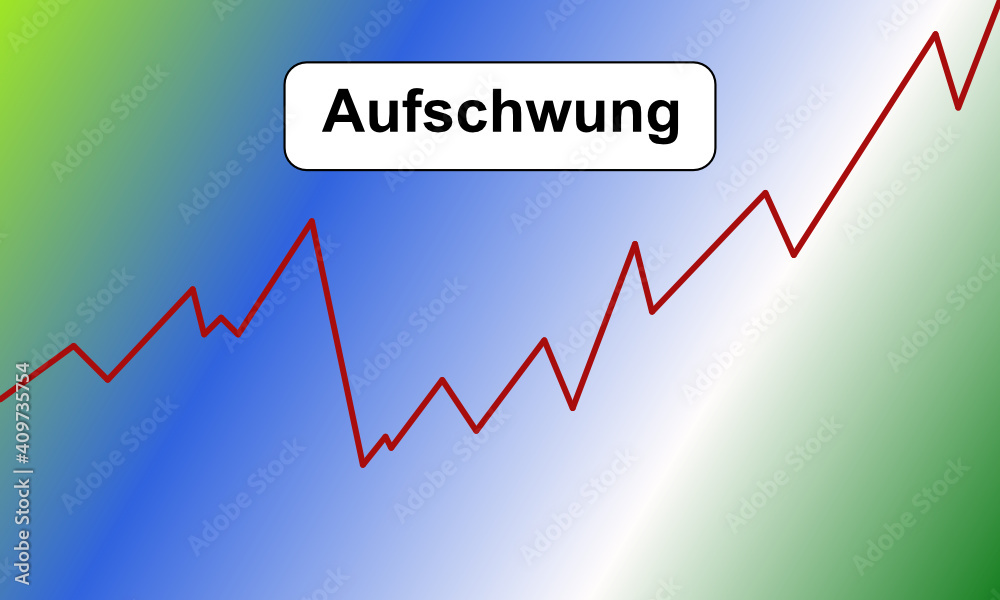 Rote Zickzack Linie nach rechts oben als Zeichen des Aufschwungs vor mehrfarbigen Hintergrund