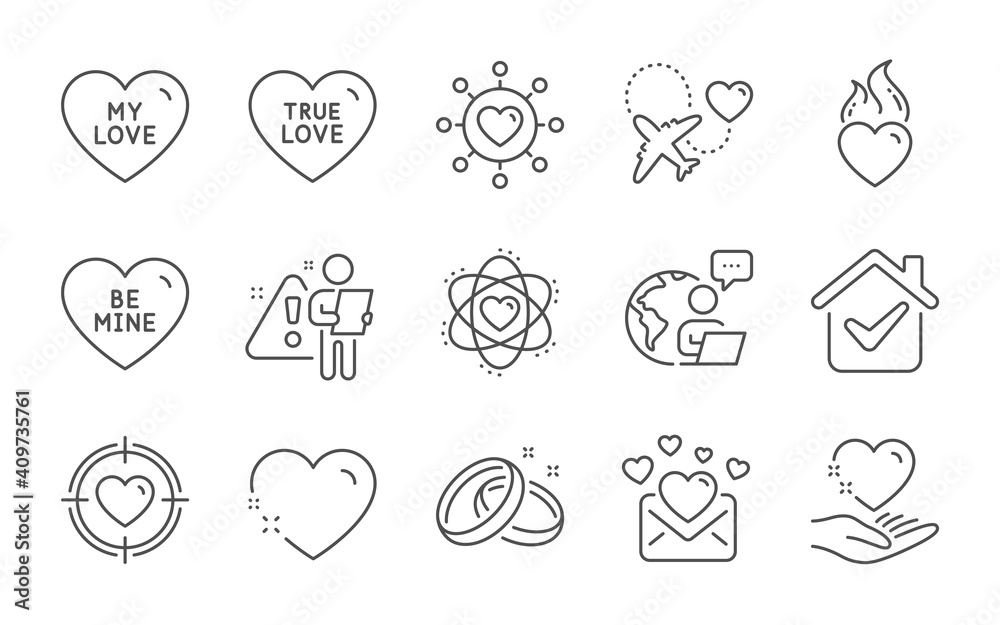 My love, Atom and Wedding rings line icons set. Heart, Love mail and Be mine signs. Honeymoon travel, Dating network and Valentine target symbols. Hold heart. Electron, Valentines letter. Vector My love, Atom and Wedding rings line icons set. Heart, Love mail and Be mine signs. Honeymoon travel, Dating network and Valentine target symbols. Hold heart. Electron, Valentines letter. Vector
