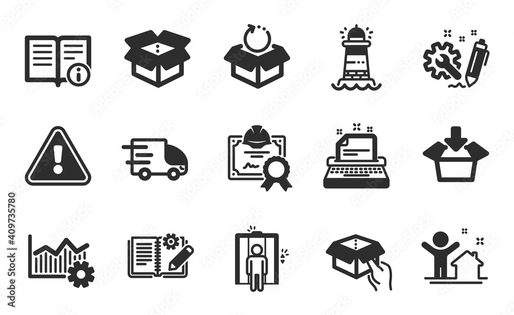 New house, Open box and Engineering icons simple set. Lighthouse, Elevator and Get box signs. Certificate, Operational excellence and Return package symbols. Flat icons set. Vector New house, Open box and Engineering icons simple set. Lighthouse, Elevator and Get box signs. Certificate, Operational excellence and Return package symbols. Flat icons set. Vector