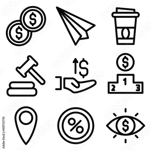 Set of cash, business, future and online, website related icons on white background, thin line, outline EPS Vector photo