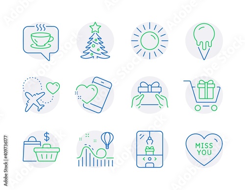 Holidays icons set. Included icon as Sun, Give present, Roller coaster signs. Sale bags, Coffee, Heart symbols. Christmas tree, Shopping cart, Crane claw machine. Honeymoon travel. Vector