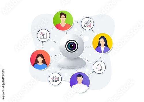 Set of Science icons, such as Edit statistics, Oil serum, Graph chart symbols. Web camera remote streaming. Online video conference banner. 5g internet line icons. Vector