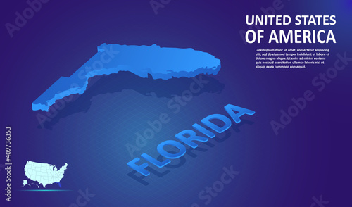 Isometric Florida State map on blue and glowing background. 3D Detailed Map in perspective with place for your text or description. Technology Information Graphic Elements for design and template.