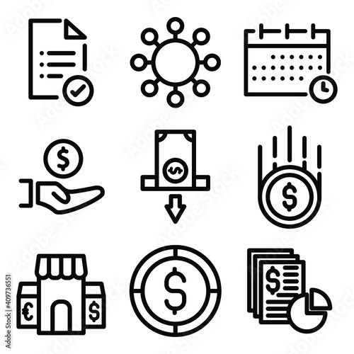Set of cash, business, future and online, website related icons on white background, thin line, outline EPS Vector photo