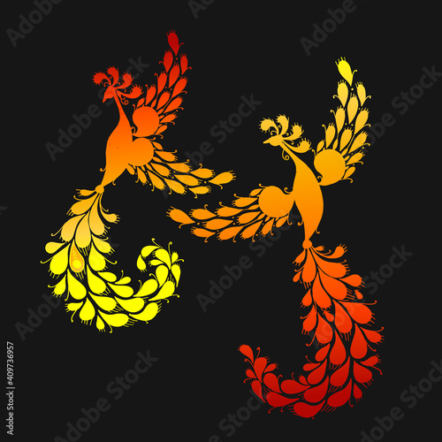 Firebirds with a Majestic Tail. Phoenix Birds. Mythical characters. Ornamental Silhouette for your design