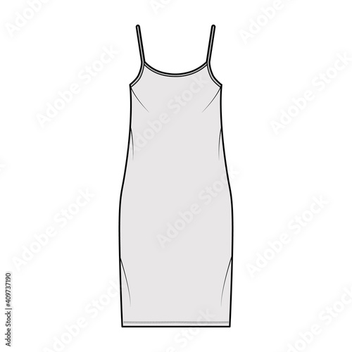 Camisole dress technical fashion illustration with scoop neck, straps, knee length, oversized body, Pencil fullness. Flat apparel template front, back, white, grey color. Women, men, unisex CAD mockup
