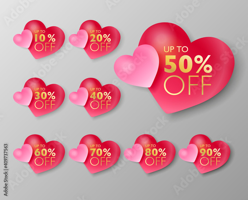 50% off sale tags. Set of 10% through 90% off 3d Pink heart balloon labels for sale promotional marketing. Vector illustration
