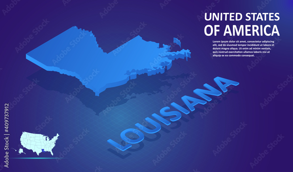 Isometric Louisiana State map on blue and glowing background. 3D Detailed Map in perspective with place for your text or description. Technology Information Graphic Elements for design and template. Isometric Louisiana State map on blue and glowing background. 3D Detailed Map in perspective with place for your text or description. Technology Information Graphic Elements for design and template.