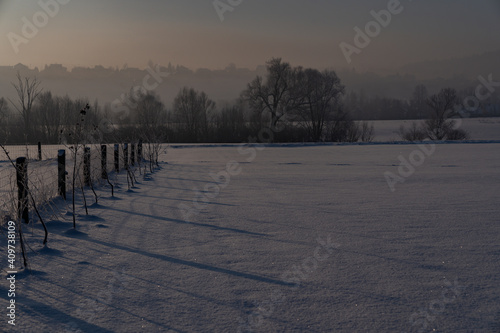 Fototapeta Naklejka Na Ścianę i Meble -  Winter sunrise with misty trees on the horizon