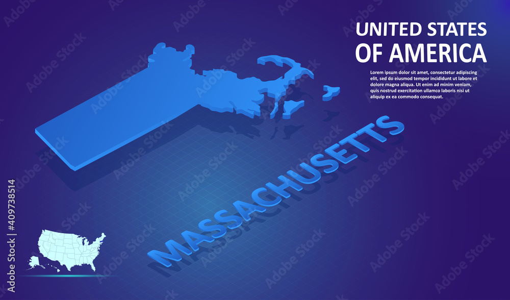 Isometric Massachusetts State map on blue and glowing background. 3D Detailed Map in perspective with place for your text or description. Technology Information Graphic Elements for design or template Isometric Massachusetts State map on blue and glowing background. 3D Detailed Map in perspective with place for your text or description. Technology Information Graphic Elements for design or template