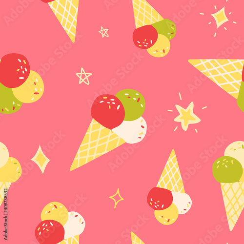 Cute seamless pattern with various taste ice cream cones on pink background. Cartoon vector illustration.