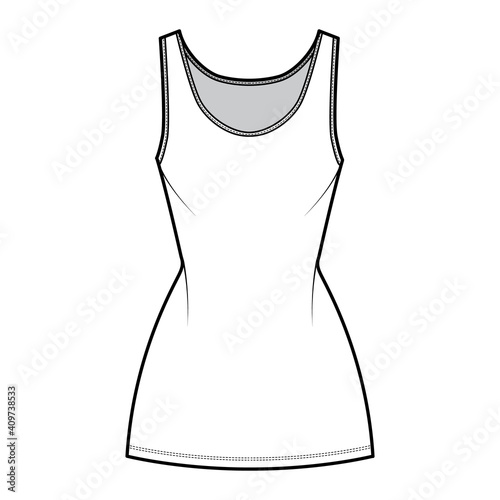Tank dress technical fashion illustration with scoop neck, straps, mini length, fitted body, Pencil fullness. Flat apparel template front, white color. Women, men, unisex CAD mockup