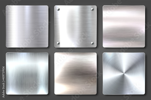 Realistic brushed metal textures set. Polished stainless steel background. Vector illustration.