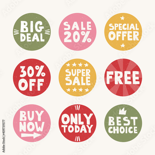 Set of vector round tags for sales promotion. Colored handwritten lettering stickers - buy now, free, super sale, best choice, 30% off, special, today only, 20% off. Illustrations of labels and logos