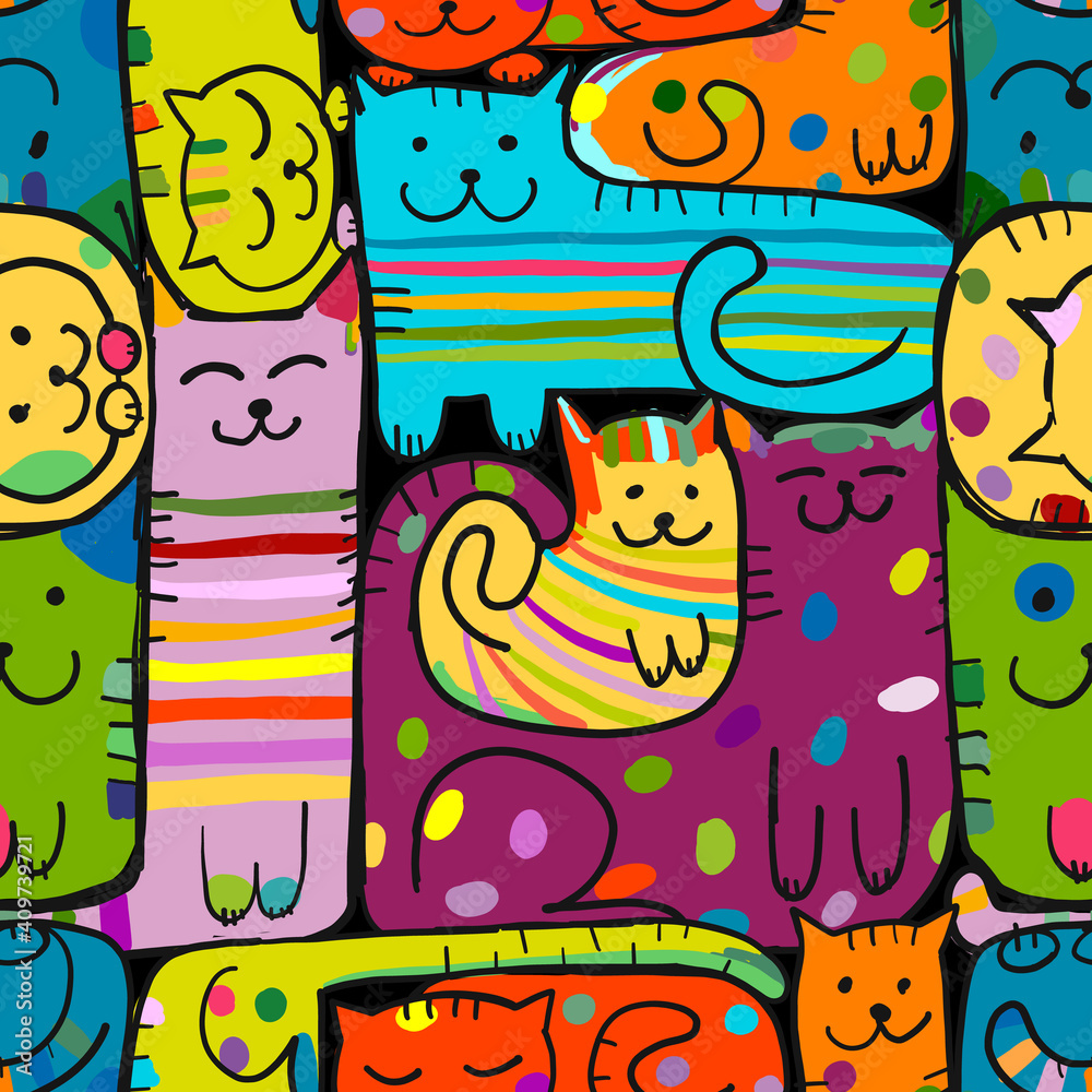 Pazzle with funny cats. Cats House. Seamless Pattern for your design