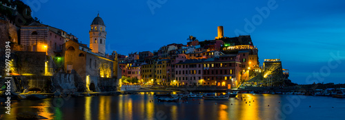 Cinque terre Vernazza night lights at blue hour