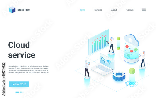 Cloud tech service isometric vector illustration. Cartoon 3d tiny businessman characters team working with data, teamwork on analyzing report information. Business virtual technology landing page