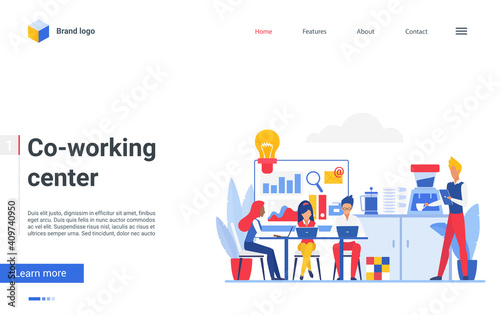 Co working space, people work in office workplace vector illustration. Cartoon employee characters meeting, working with laptops in coworking center workspace, business communication flat landing page