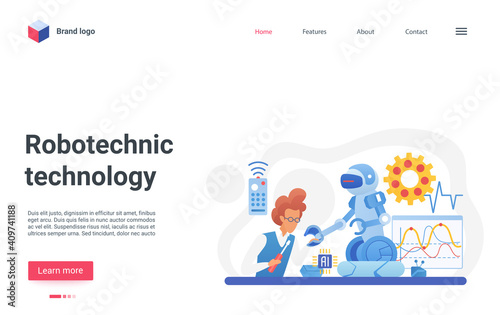 Robotechnic modern future technology vector illustration. Cartoon robot machine with robotic automation arm helping man engineer in science innovative work, tech ai scientific equipment landing page