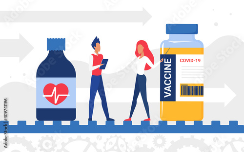 Vaccine production supply vector illustration. Cartoon man woman characters standing with vaccine bottle treatment on conveyor belt, coronavirus vaccine product development for vaccination background