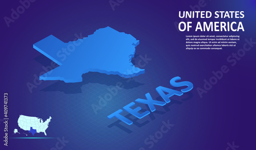 Isometric Texas State map on blue and glowing background. 3D Detailed Map in perspective with place for your text or description. Technology Information Graphic Elements for design and template.