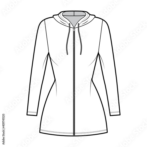 Hoodie zip-up dress technical fashion illustration with long sleeves, mini length, fitted body, Pencil fullness. Flat apparel template front, white color. Women, men, unisex CAD mockup