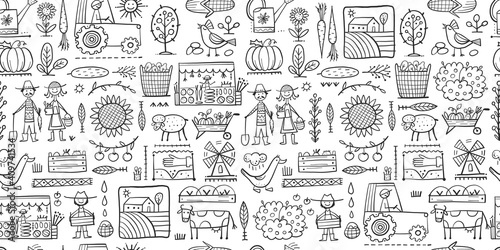 Organic Farm Seamless Pattern Background For your Design. Harvest Festival. Agriculture collection. Organic farming eco concept. Fresh products  locally grown and organic food. Farmer s Market