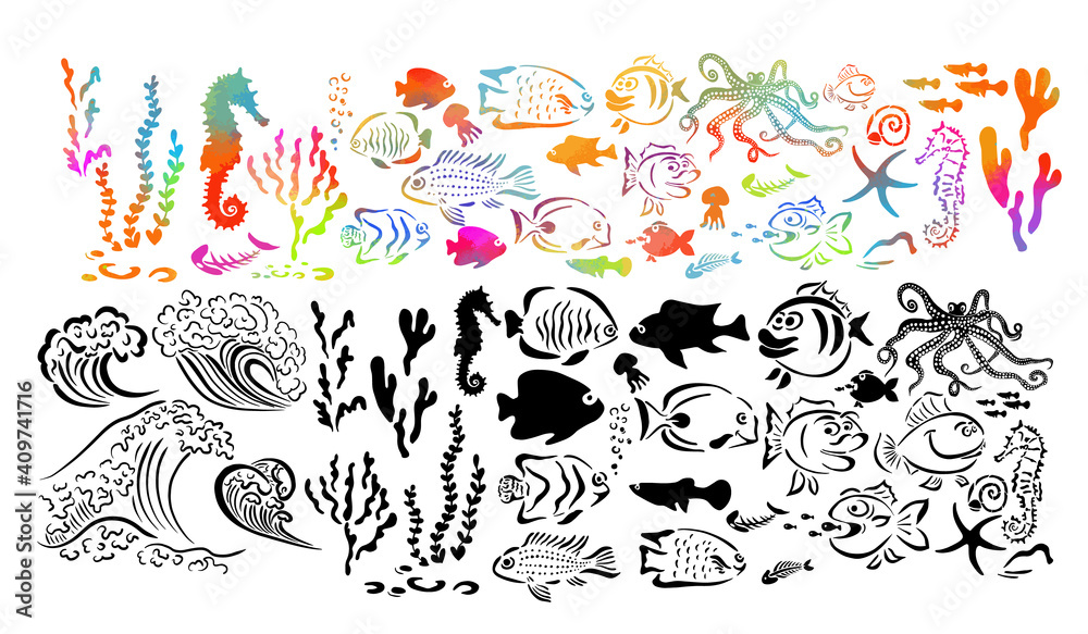 Set of monochrome and multicolored marine life. Vector illustration of set of sea creatures