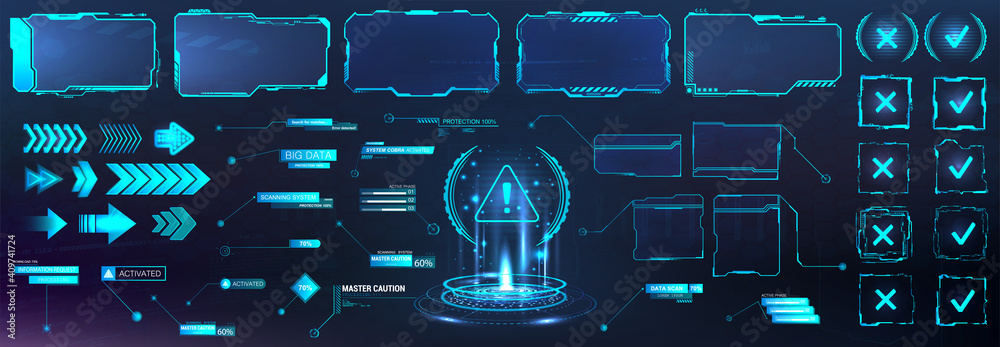 Futuristic frame border in HUD style for GUI, UI, UX and Web design. Callouts, arrows, labels 
