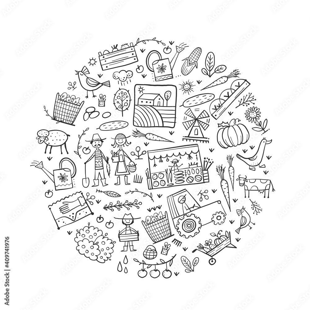 Organic Farm Background For your Design. Harvest Festival. Agriculture collection. Organic farming eco concept. Fresh products, locally grown and organic food. Farmer's Market.