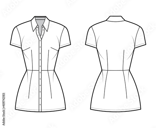Shirt dress technical fashion illustration with classic regular collar, mini length, fitted body, Pencil fullness, button up. Flat apparel template front, back, white color. Women, unisex CAD mockup