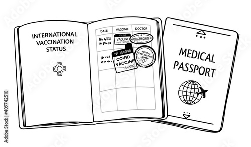 Illustration of the document confirming the vaccination. Vaccination passport with stamps and doctor's signatures. Isolated black outline objects on a white background. Simple contour doodle style.