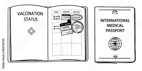 Illustration of the document confirming the vaccination. Vaccination passport with stamps and doctor's signatures. Isolated black outline objects on a white background. Simple contour doodle style.