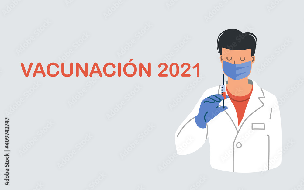 Vaccination text in Spanish Vacunación 2021. Male doctor or nurse in white uniform, face shield and with syringe. Flu healthcare and vaccine concept. Сopy space. Vaccination text in Spanish Vacunación 2021. Male doctor or nurse in white uniform, face shield and with syringe. Flu healthcare and vaccine concept. Сopy space.