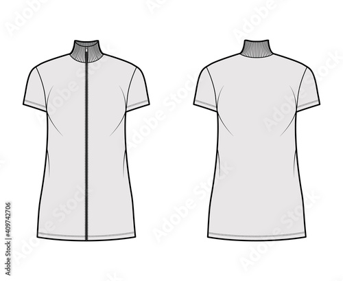 Turtleneck zip-up dress technical fashion illustration with short sleeves, mini length, oversized body, Pencil fullness. Flat apparel template front, back, grey color. Women, men, unisex CAD mockup