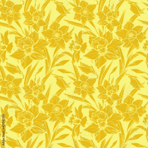 Floral seamless pattern with yellow illuminating silhouettes of daffodil flowers in full bloom. Colors trend 2021hand drawn vector graphic. Template for textile, wallpaper, bedding, floral design.