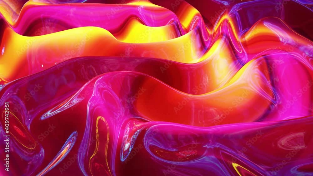 Looped abstract fluid background multicolor marble style. Beautiful glossy wavy surface of liquid with pattern, gradient color and flow waves on it. Creative bright bg with soft smooth animation.