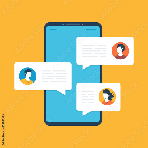Online chat on mobile phone screen. Smartphone and chat messages. Modern concept. Flat line design. Vector illustration