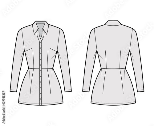 Shirt dress technical fashion illustration with classic regular collar, mini length, fitted body, Pencil fullness, button up. Flat apparel template front, back, grey color. Women men unisex CAD mockup