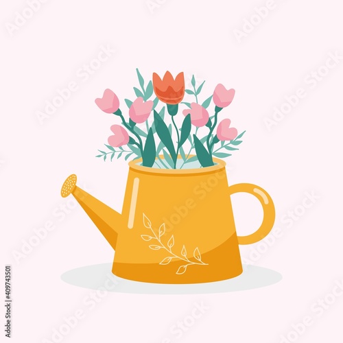 Vector illustration with a beautiful bouquet in the watering can 