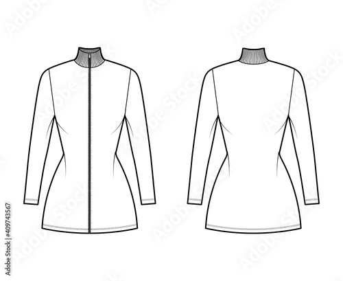 Turtleneck zip-up dress technical fashion illustration with short sleeves, mini length, fitted body, Pencil fullness. Flat apparel template front, back, white color. Women, men unisex CAD mockup