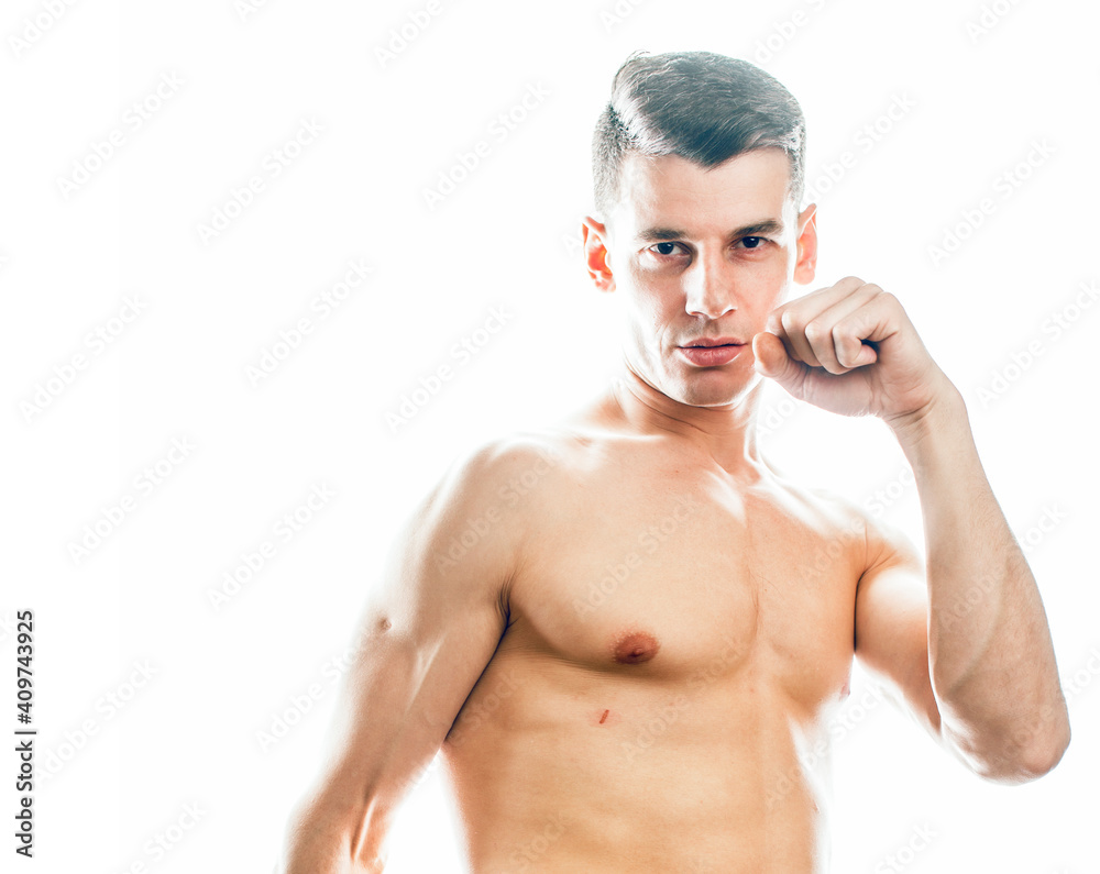 Fototapeta premium young handsome agressive man boxing isolared on white background, lifestyle sport people concept