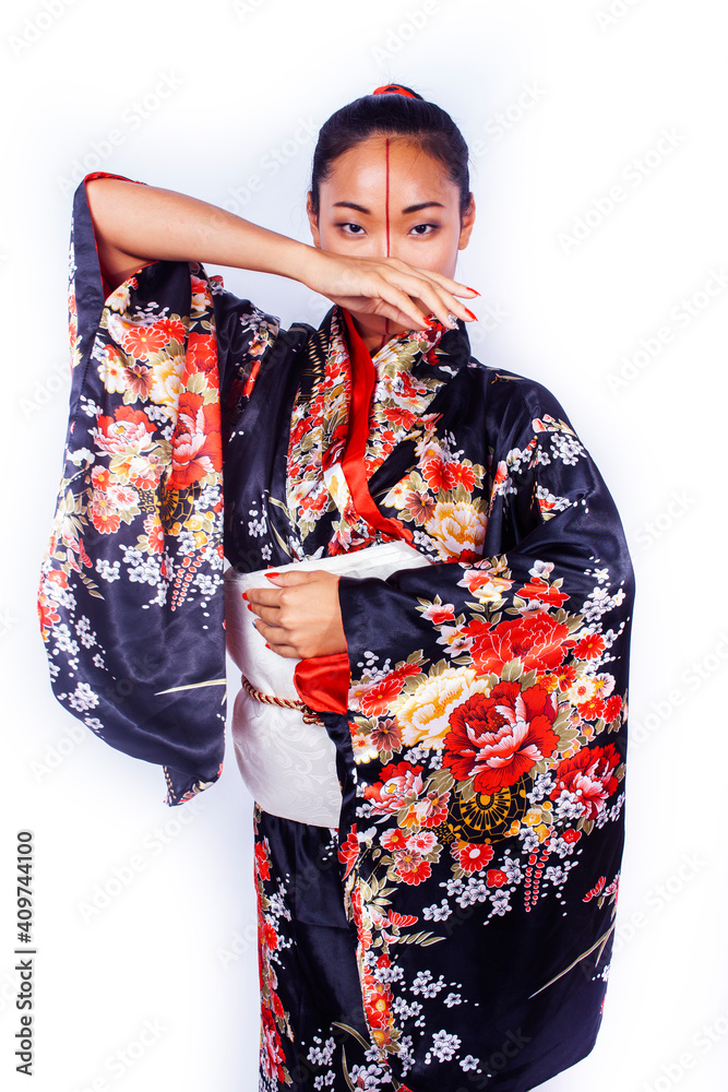 young pretty geisha in black kimono with sakura, asian ethno closeup on white background isolated