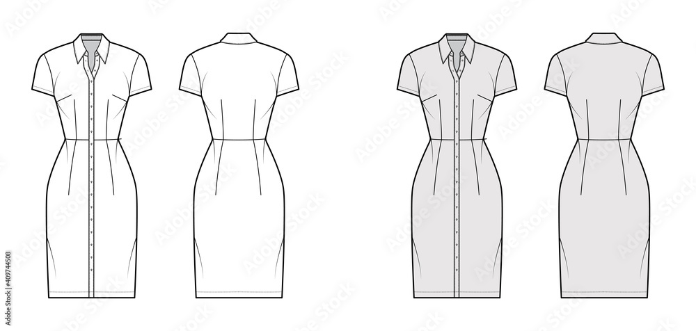 Shirt dress technical fashion illustration with classic regular collar, knee length, fitted body, short sleeves, button up. Flat apparel template front, back, white, grey color. Women, men CAD mockup Shirt dress technical fashion illustration with classic regular collar, knee length, fitted body, short sleeves, button up. Flat apparel template front, back, white, grey color. Women, men CAD mockup