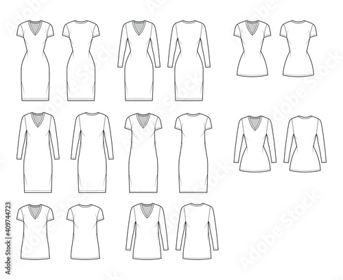 T-shirt dress technical fashion illustration with V-neck, long, short sleeves, knee, mini length, oversized, fitted body, Pencil fullness. Flat template front, back, white color. Women, men CAD mockup