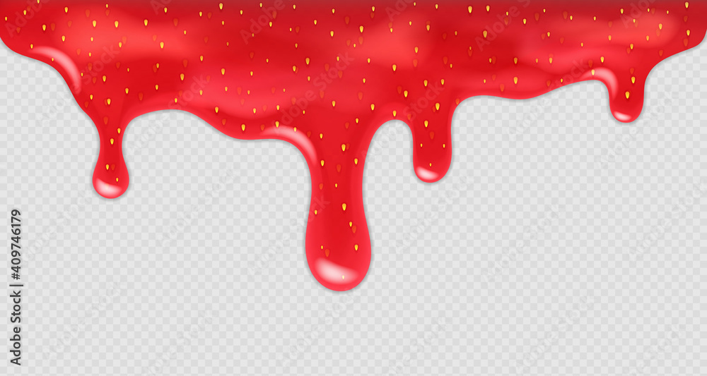 Dripping strawberry jam. Realistic vector illustration of leaking sweet red syrup with seeds. Melting jelly or flowing dessert texture effect for product presentation Dripping strawberry jam. Realistic vector illustration of leaking sweet red syrup with seeds. Melting jelly or flowing dessert texture effect for product presentation